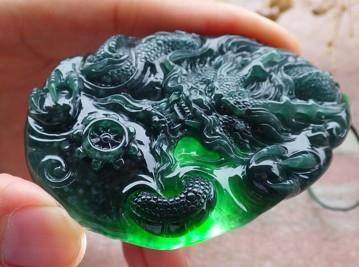 Certified Icy Green Burma 100% Natural A Jade jadeite Pendant Dragon Bead Necklace 生意兴隆 636353 TN