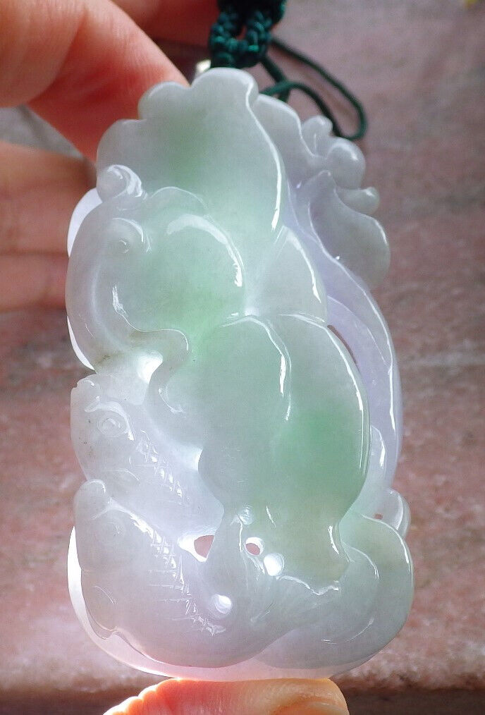 Certified Green Pale Lavender Burma 100% Natural A Jade jadeite Pendant Fish Lotus Flower Leaf Necklace 年年有余 646744 TN