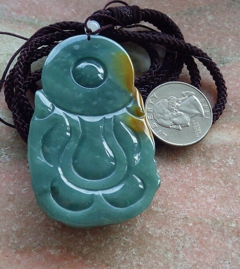 Certified Icy Green Yellow Burma 100% Natural A Jade jadeite Pendant Money God Yuan Bao Coin Ruyi Necklace 财神 574756 TN