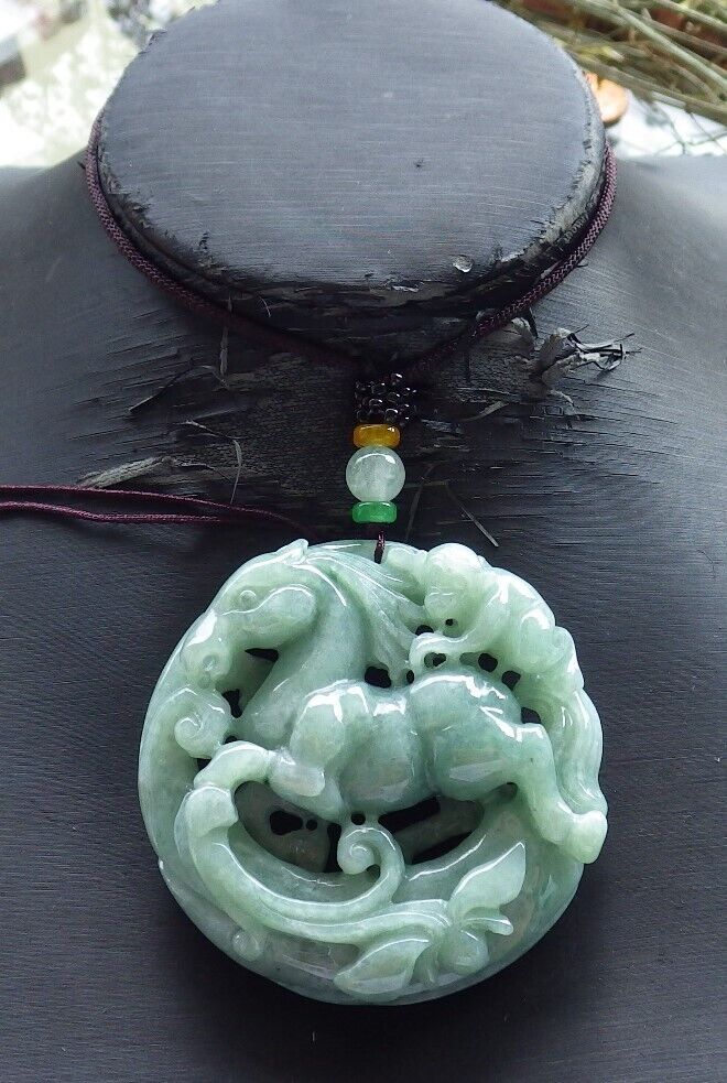 Certified Green Burma 100% Natural A Jade jadeite Pendant Horse Monkey Lotus Flower Necklace 573750 TN