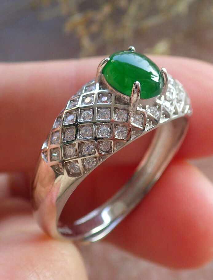 Certified Icy Green silver 0.925 Burma 100% Natural A JADE Jadeite Cabochon RING USA 10 戒指 645801 TN