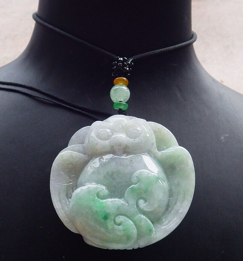 Certified Green Burma 100% Natural A Jade jadeite Pendant Owl Ruyi Coin Necklace 猫头鹰 633414 TN