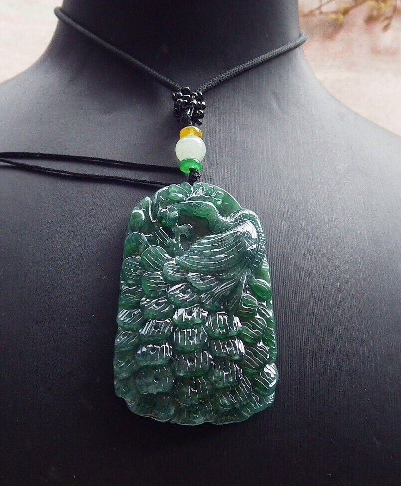 Certified Icy Green Burma 100% Natural A Jade jadeite Pendant Peacock Phoenix Necklace 孔雀 凤凰 633490 TN