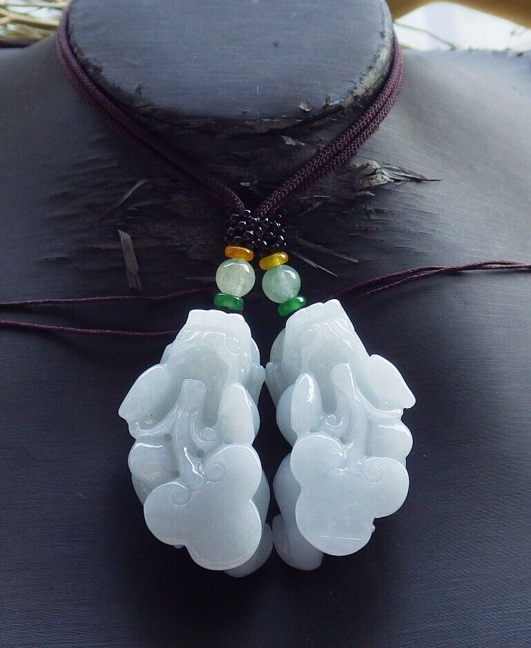 Pair Certified Pale Green Lavender Burma 100% Natural A Jade jadeite Pendant Dragon Pi Xiu Money Coin Ruyi Necklace 风水貔貅 573973 TN