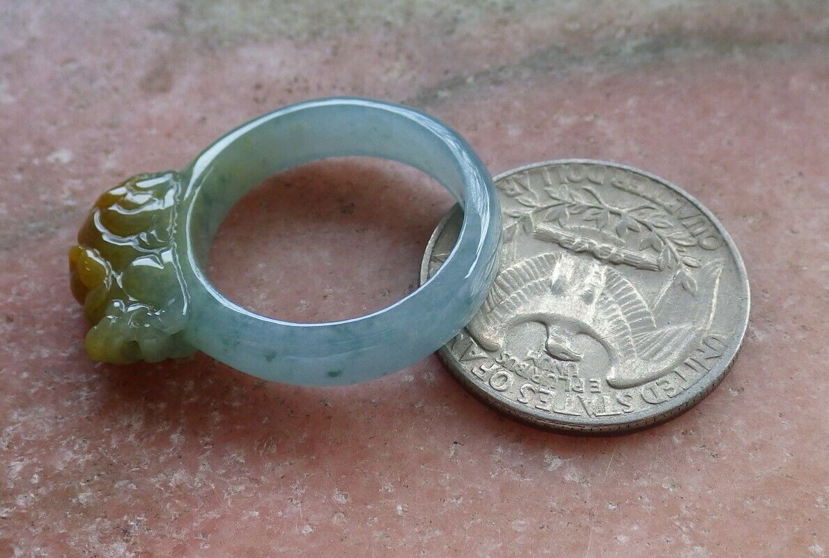 Certified Icy Yellow Green 100% Natural A JADE Jadeite Dragon Pi Xiu RING USA. 9.25 戒指 523823 TN