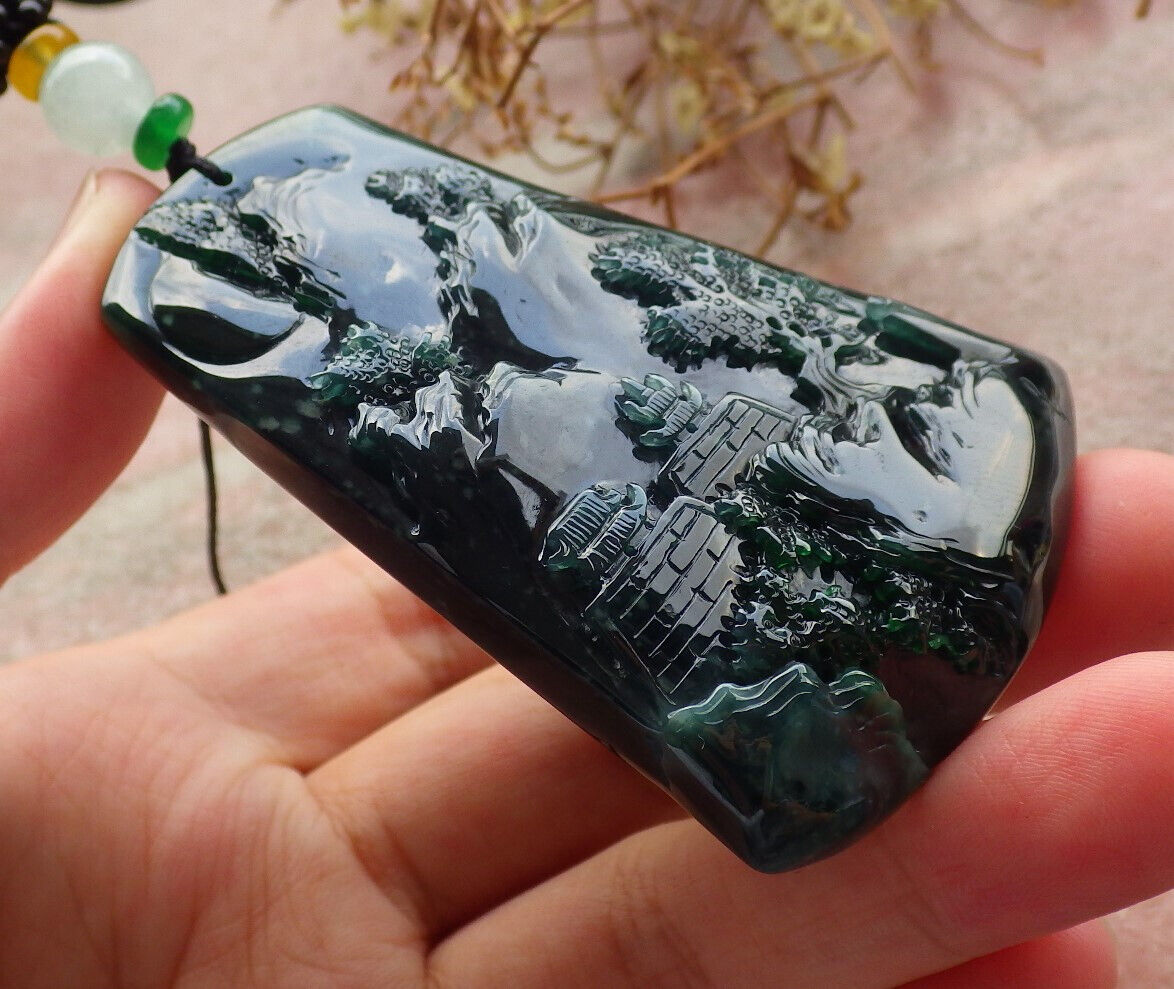 Certified Icy Blue Water Burma 100% Natural A Jade jadeite Pendant Landscape painting Tree Necklace 山水画 633943 TN