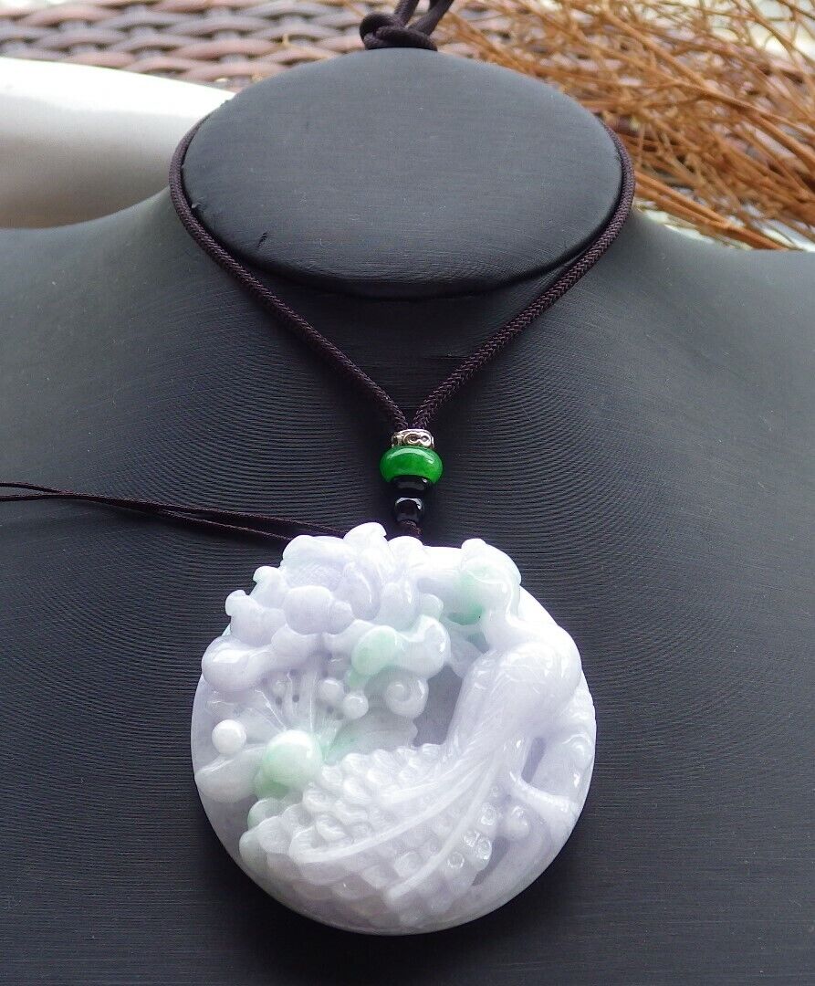 Certified Green Pale Lavender 100% Natural A Jade jadeite Pendant Phoenix Peacock Flower Circle Necklace 孔雀 520800 **TN