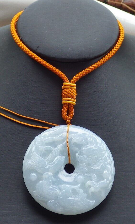 Certified Pale Green Lavender 100% Natural A Jade jadeite Dragon Phoenix 5 Bat Necklace 五福龙凤 519611 TN