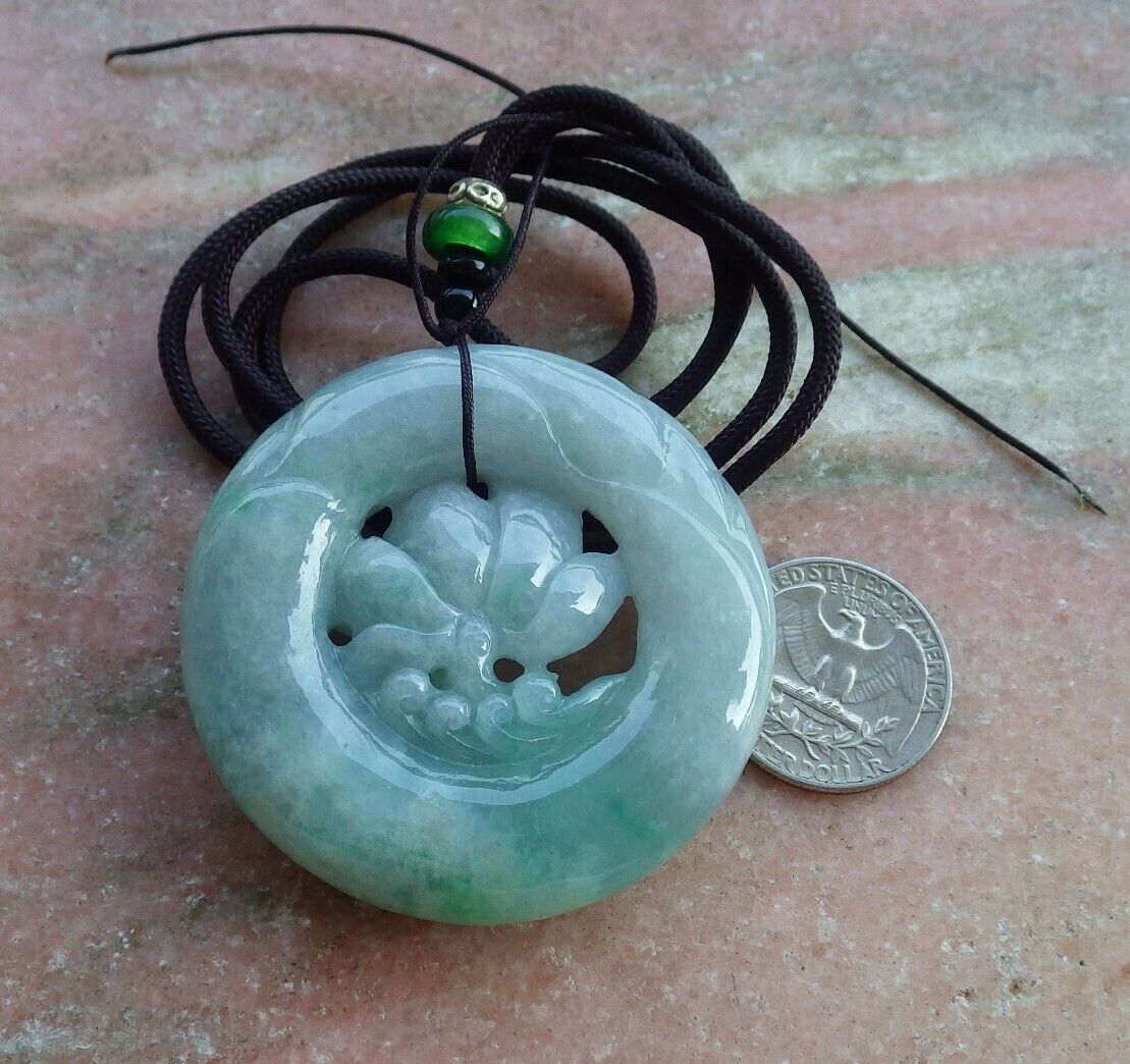Certified Icy Green 100% Natural A Jade jadeite Pendant Lotus Flower Circle Necklace 花平安扣 521111 TN