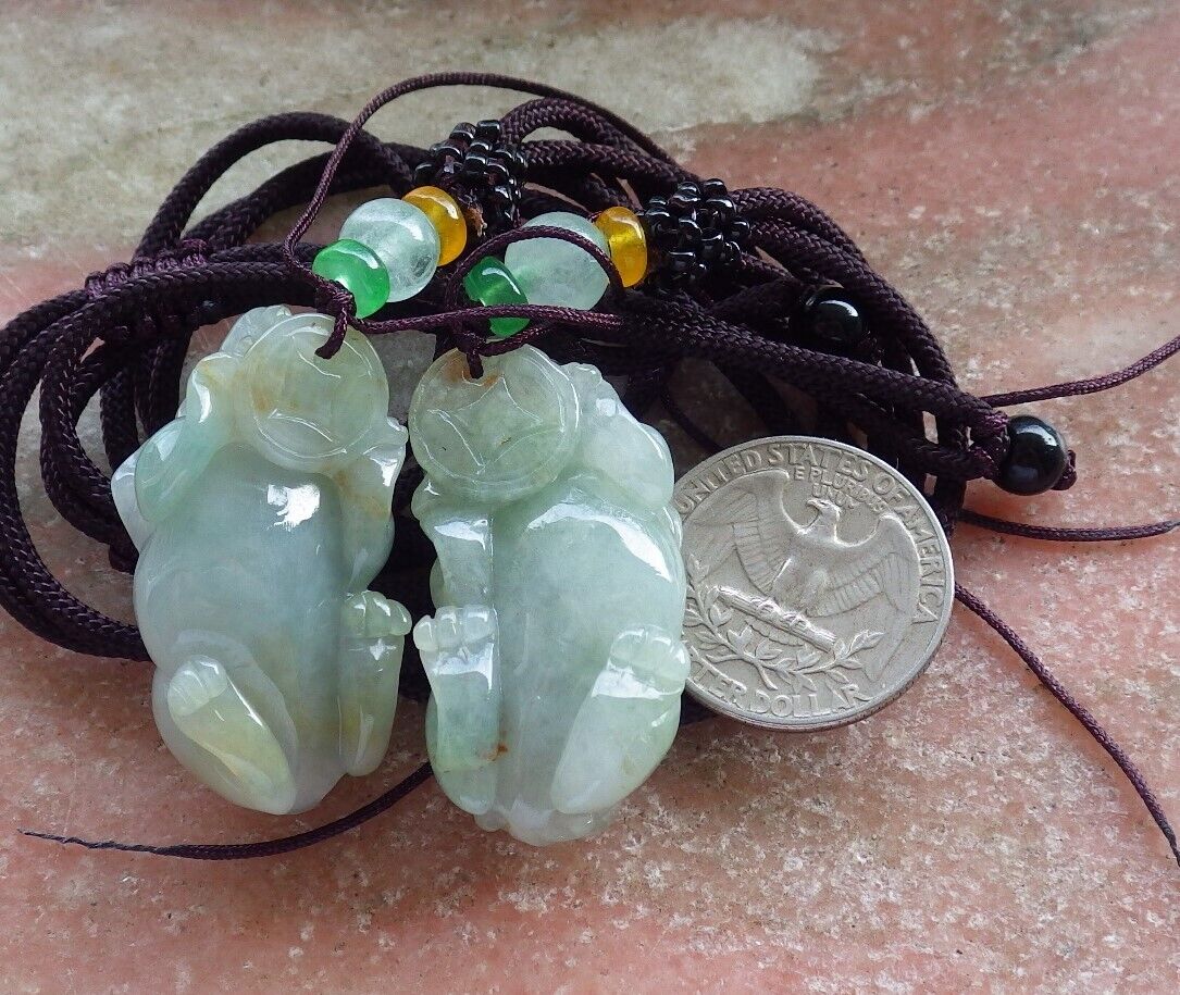Pair Certified Green Red Burma 100% Natural A Jade jadeite Pendant Dragon Pi Xiu Money Coin Necklace 风水貔貅 573983 TN