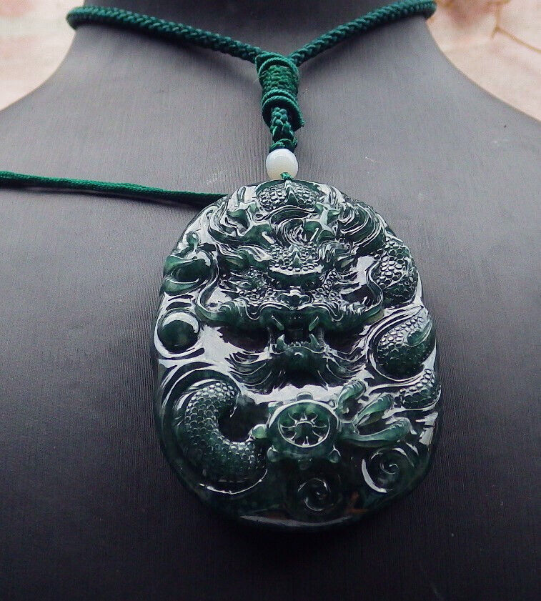 Certified Icy Blue Water Green Burma 100% Natural A Jade jadeite Pendant Dragon Bead Necklace 生意兴隆 634152 TN