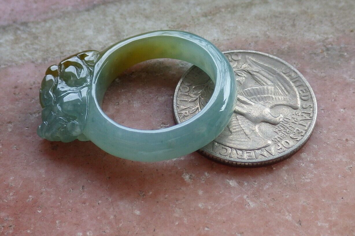 Certified Icy Yellow Green 100% Natural A JADE Jadeite Dragon Pi Xiu RING USA. 9 戒指 523815 TN