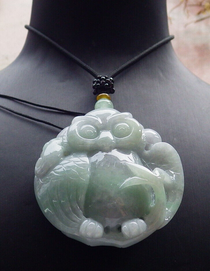 Certified Green Burma 100% Natural A Jade jadeite Pendant Owl Ruyi Necklace 猫头鹰 633445 TN