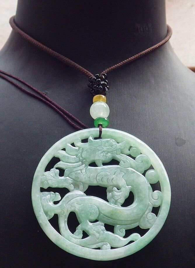 Certified Green Burma 100% Natural A Jade jadeite Pendant Dragon Circle Necklace 生意兴隆 646443 TN