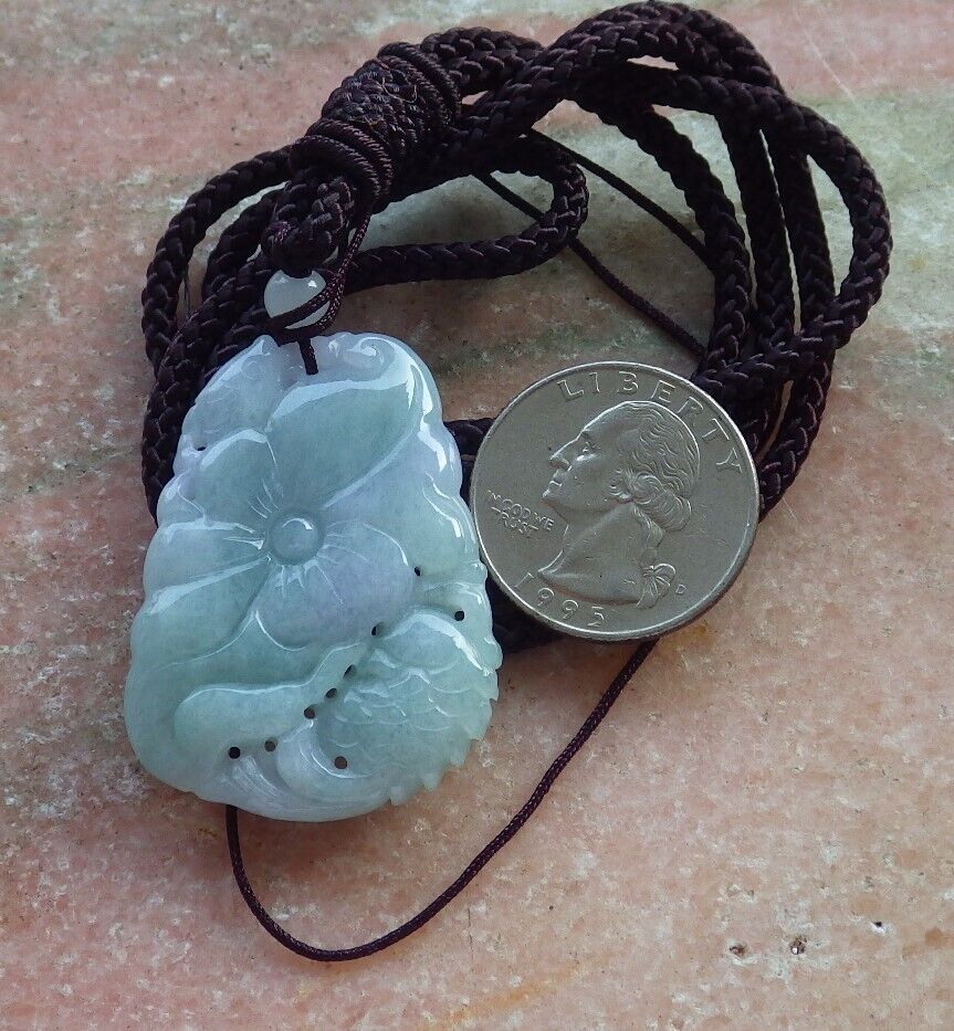 Certified Green Pale Lavender Burma 100% Natural A Jade jadeite Pendant Fish Lotus Leaf Necklace 年年有余 575361 TN