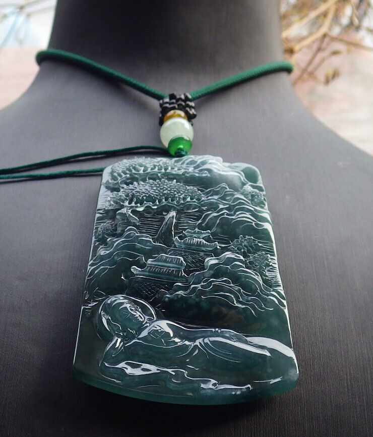Certified Icy Blue Water Green Burma 100% Natural A Jade jadeite Pendant Landscape painting Guanyin Kwan Yin Tree Necklace 山水画 633900 TN