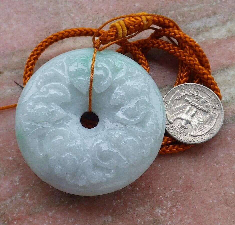Certified Green 100% Natural A Jade jadeite pendant Mandarin Duck Dragon Phoenix 5 Bat Necklace 龙凤 519621 TN