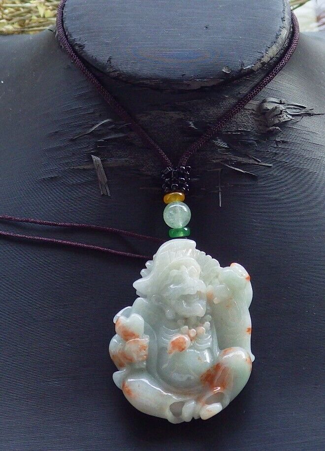 Certified Red Green Burma 100% Natural A Jade jadeite pendant Happy Ji Kung Buddha God Fan Gourd Necklace 济公 573964 TN