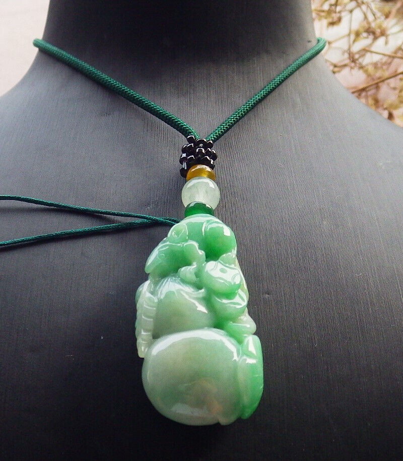 Certified Green Burma 100% Natural A Jade jadeite Pendant Mouse Rat Coin Ruyi Gourd Necklace 发财鼠 633909 TN