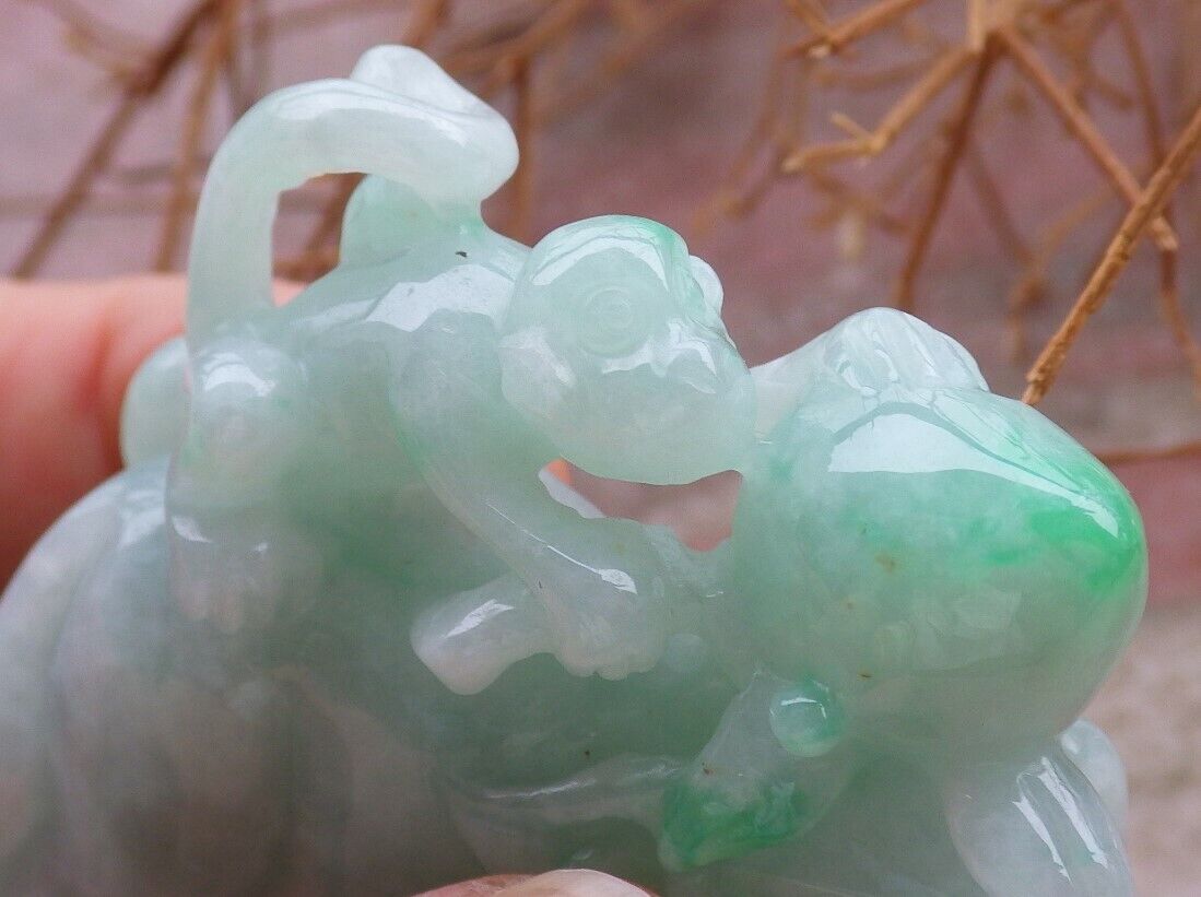 Certified Green 100% Natural A Jade jadeite Display Elephant Money Peach 大象 520344 TN** Include woodstand **