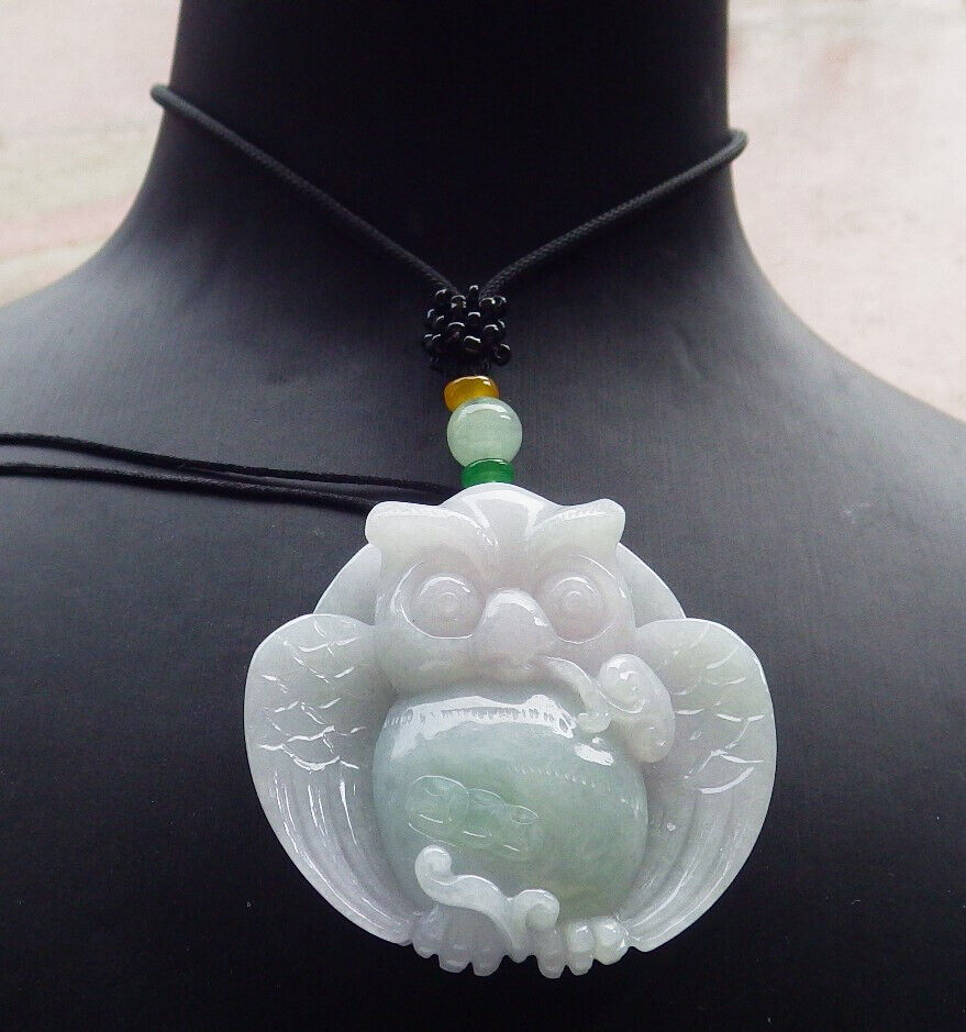 Certified Green Pale Lavender Burma 100% Natural A Jade jadeite Pendant Owl Ruyi Coin Necklace 猫头鹰 633436 TN