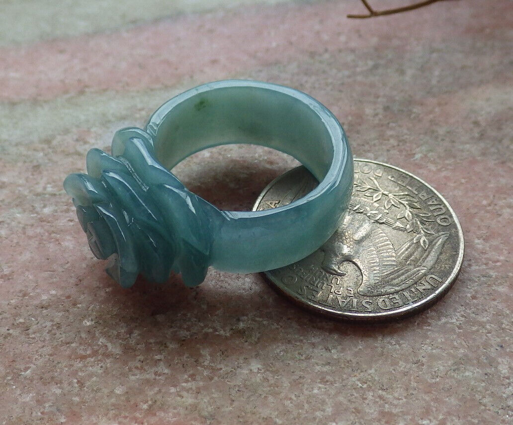 Certified Icy Green Burma 100% Natural A JADE Jadeite Rose Flower RING USA. 8.5 花戒指 634025 TN