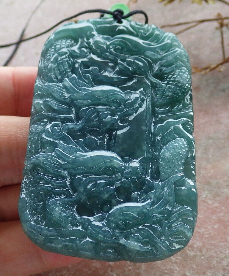 Certified Icy Green Burma 100% Natural A Jade jadeite Pendant 9 Dragon Spit Bead Necklace 九龙戏珠 633570 TN
