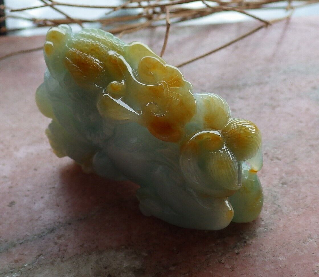 Certified Yellow Green Burma 100% Natural A Jade jadeite Display Dragon Pi Xiu Money Coin Lotus Flower Ruyi 风水貔貅 498174 TN