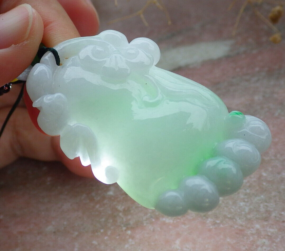Certified Green Burma 100% Natural A Jade jadeite Pendant Bat Ruyi Foot Necklace 知足常乐 636969 TN