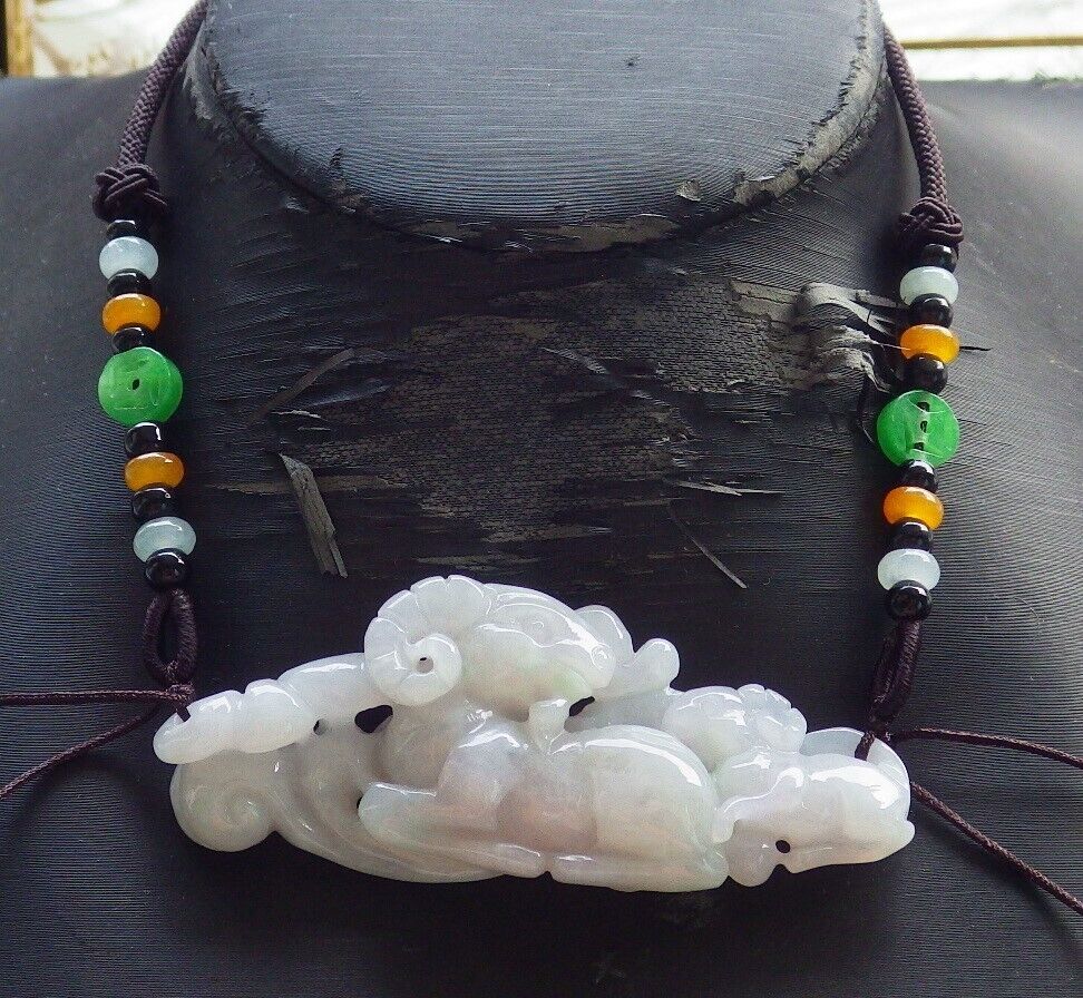 Certified Green Pale Lavender Burma 100% Natural A Jade jadeite pendant Sheep Ruyi Coin Necklace 喜气洋洋 574602 TN