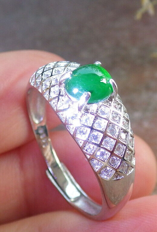 Certified Icy Green silver 0.925 Burma 100% Natural A JADE Jadeite Cabochon RING USA 10.75 戒指 645789 TN