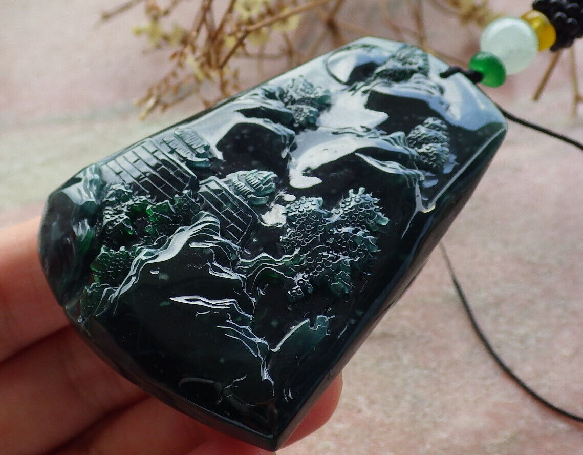 Certified Icy Blue Water Burma 100% Natural A Jade jadeite Pendant Landscape painting Tree Necklace 山水画 633943 TN