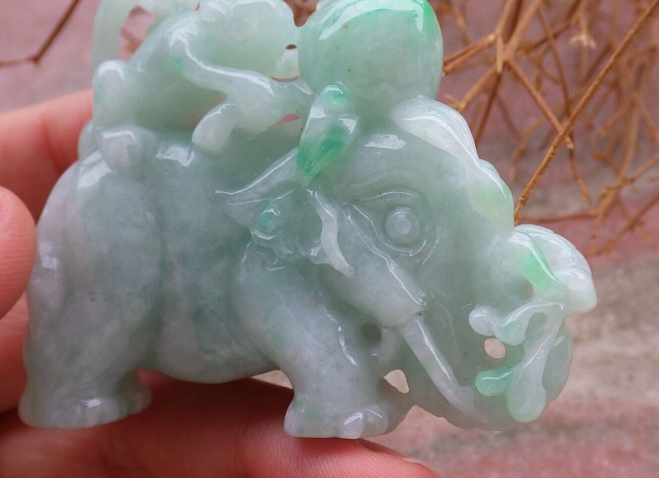 Certified Green 100% Natural A Jade jadeite Display Elephant Money Peach 大象 520344 TN** Include woodstand **