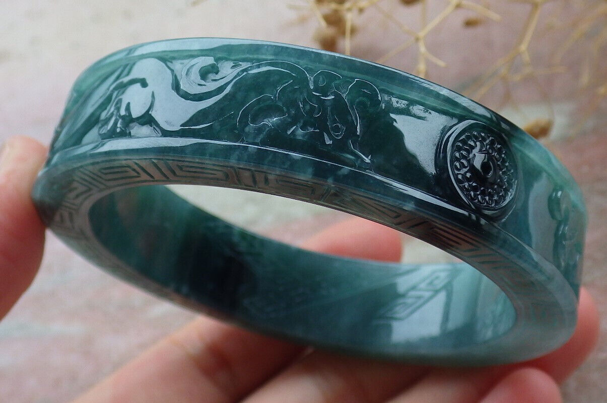 Certified Icy Green Burma 100% Natural A JADE Jadeite Dragon Phoenix Bangle Bracelet 58 mm 手镯 636336 TN