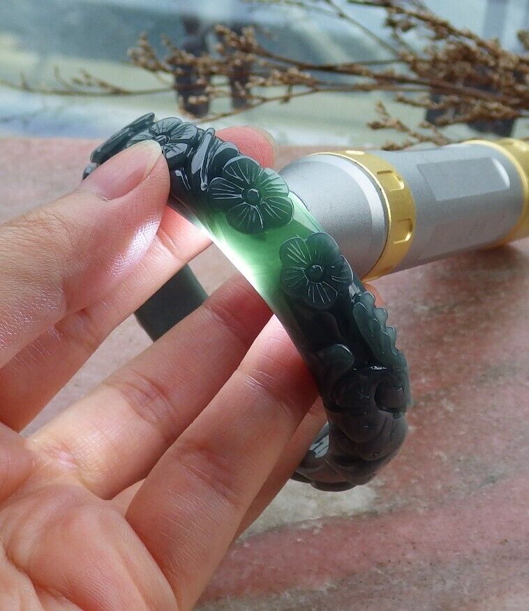 Certified Green Burma 100% Natural A JADE Jadeite Deer Lotus Flower Ruyi Coin Bangle Bracelet 56 mm 手镯 563759 TN