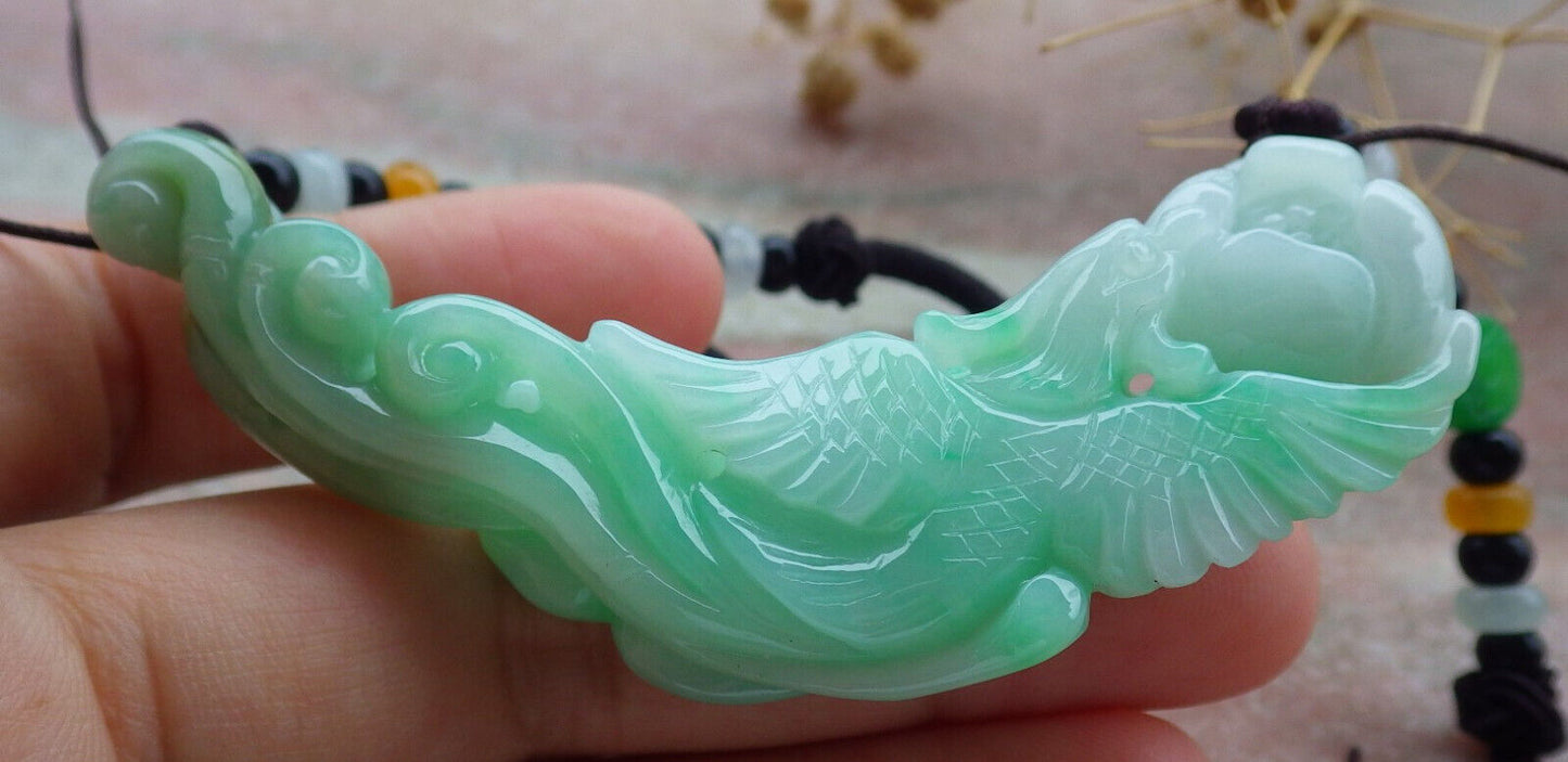 Certified Green Burma 100% Natural A Jade jadeite Pendant Phoenix Flower Ruyi Necklace 凤凰 636603 TN