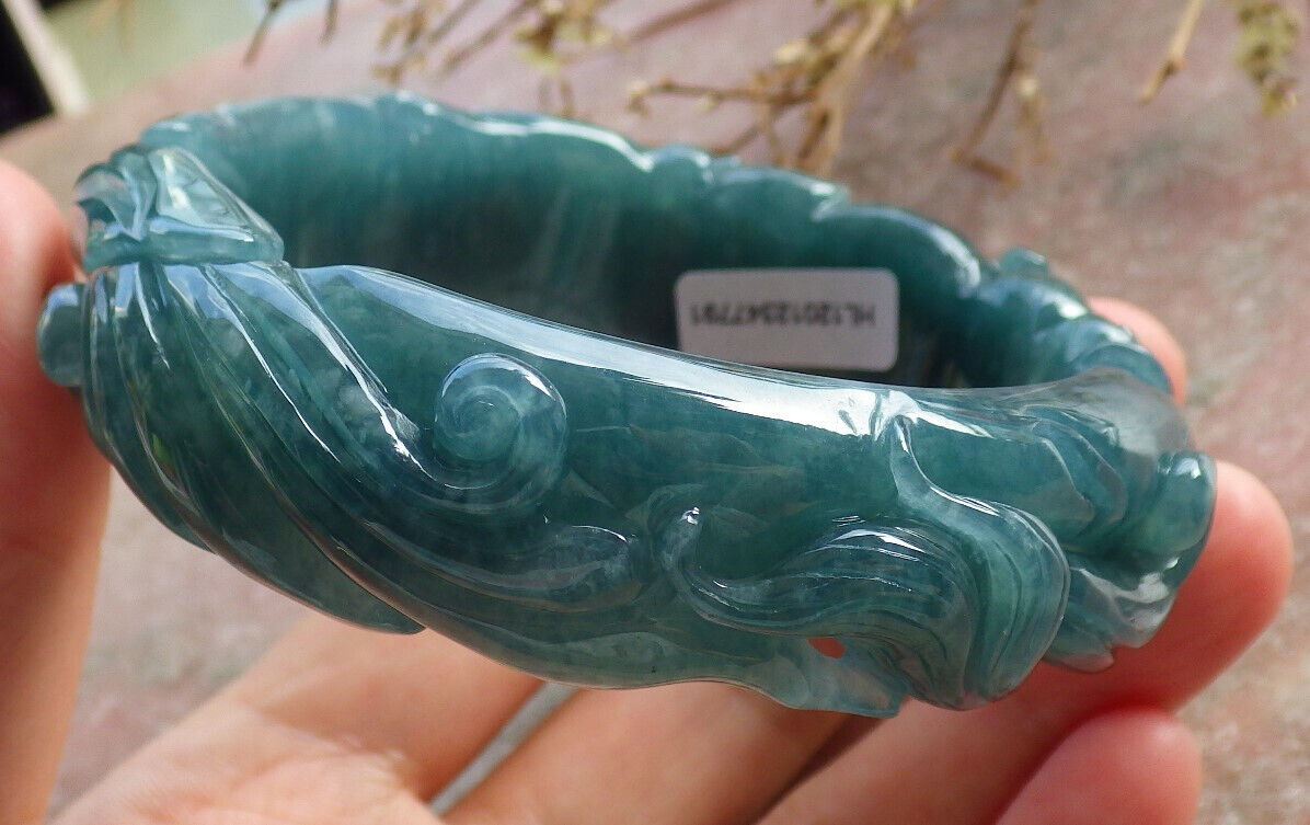 Certified Icy Blue Water Green Burma 100% Natural A JADE Jadeite Dragon Bangle Bracelet 60 mm 手镯 635086 AS