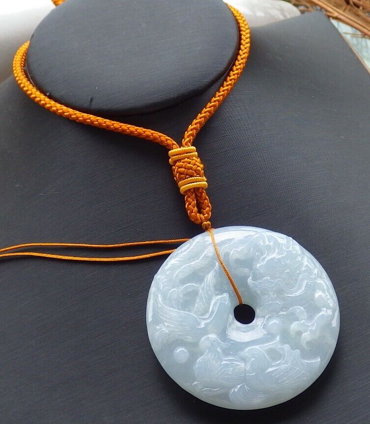 Certified Pale Green Lavender 100% Natural A Jade jadeite Dragon Phoenix 5 Bat Necklace 五福龙凤 519611 TN