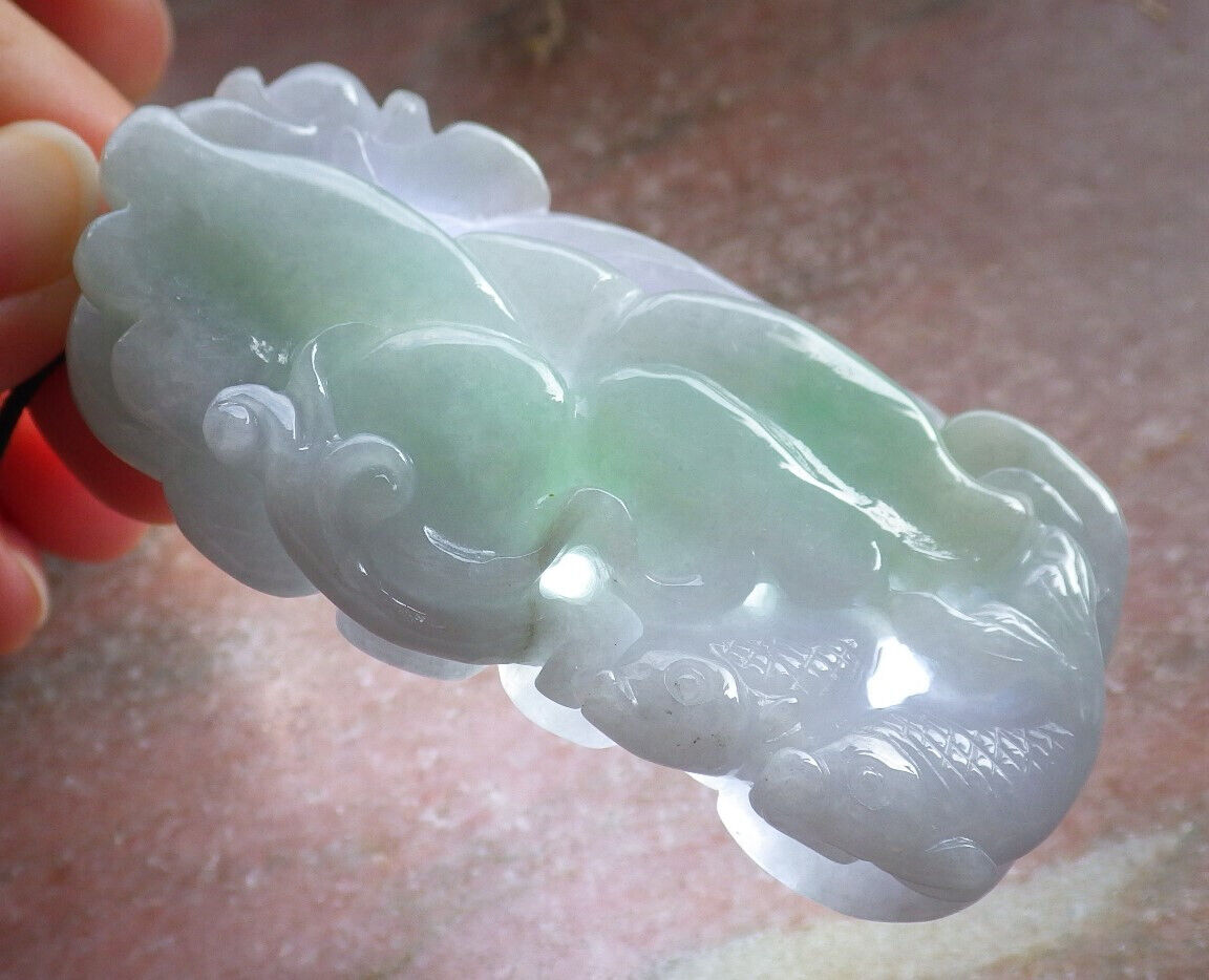 Certified Green Pale Lavender Burma 100% Natural A Jade jadeite Pendant Fish Lotus Flower Leaf Necklace 年年有余 646744 TN