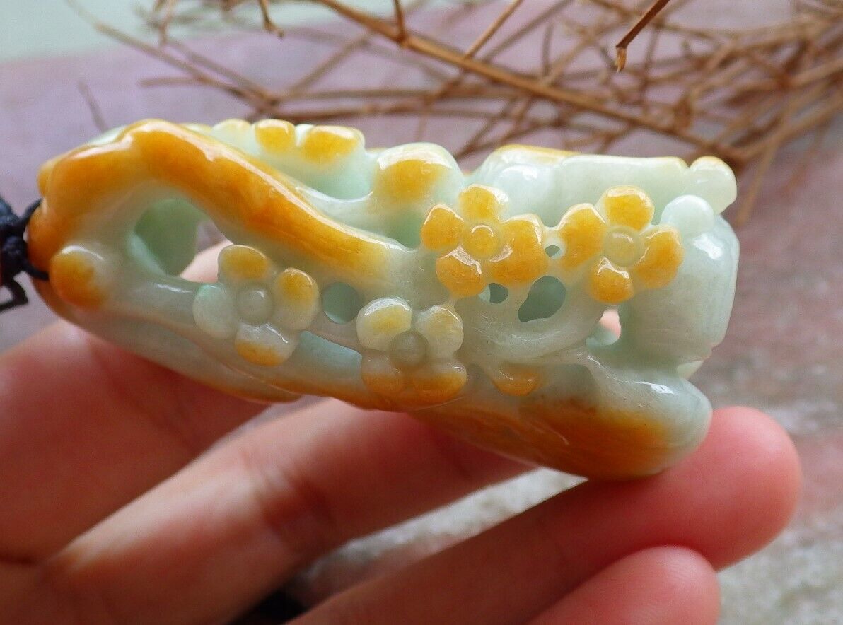 Certified Yellow Green 100% Natural A Jade jadeite Pendant Deer Flower Ruyi Necklace 梅花鹿 526346 TN