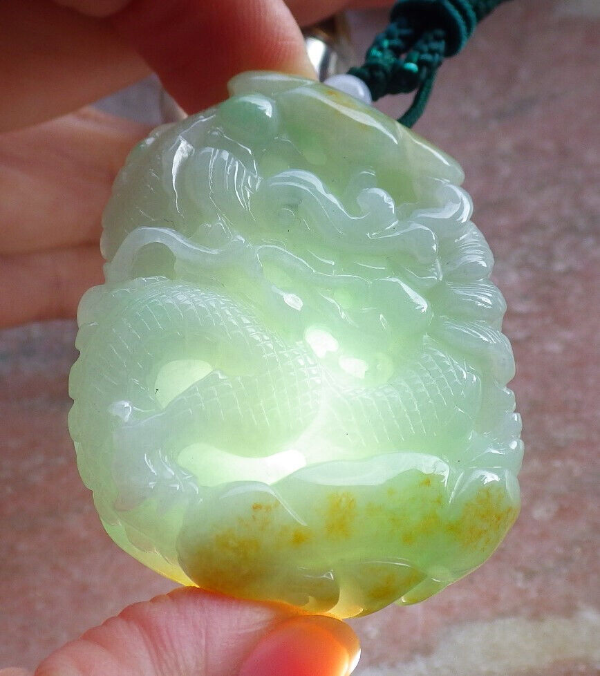 Certified Yellow Green Burma 100% Natural A Jade jadeite Pendant Dragon Ruyi Bead Necklace 生意兴隆 646776 TN