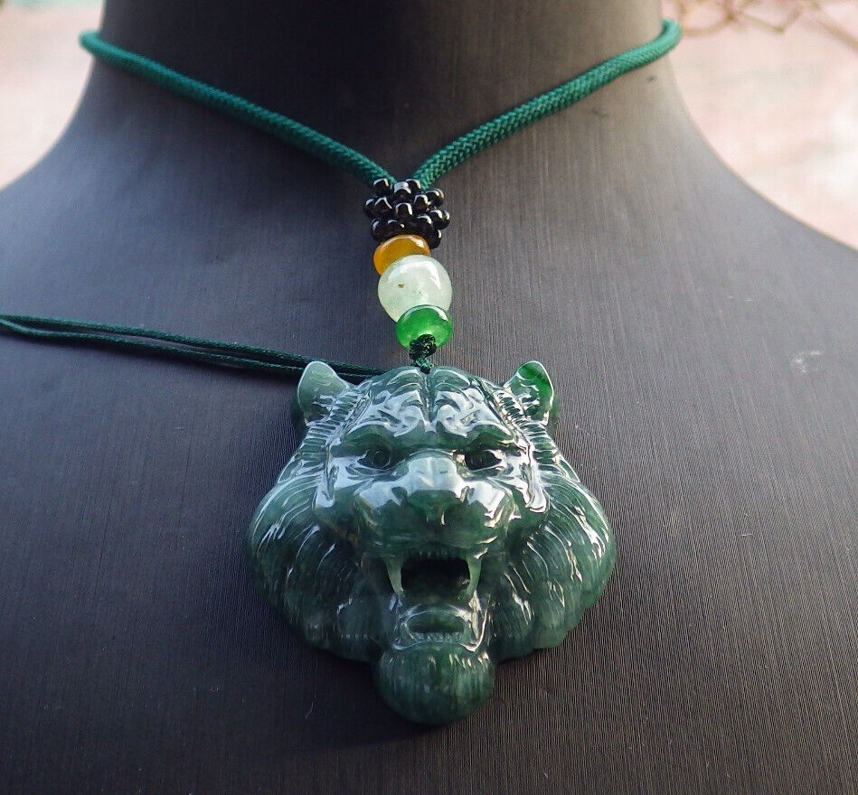 Certified Icy Green Burma 100% Natural A Jade jadeite Pendant Tiger Head Necklace 虎虎生威 634320 TN