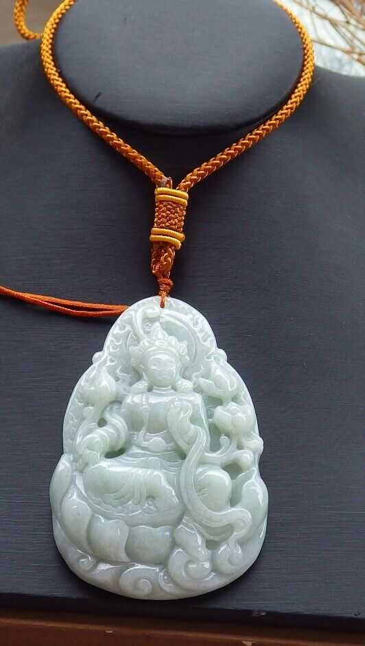 Certified Green 100% Natural A Jade jadeite pendant Guanyin Kwan Yin Lotus Flower Necklace 观音 519924 TN