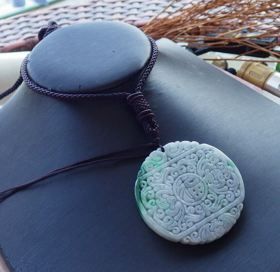 Certified Green Pale Lavender 100% Natural A Jade jadeite Pendant Bat Dragon Flower Coin Ruyi * Fu * Necklace 龙蝙蝠花牌 529263 TN