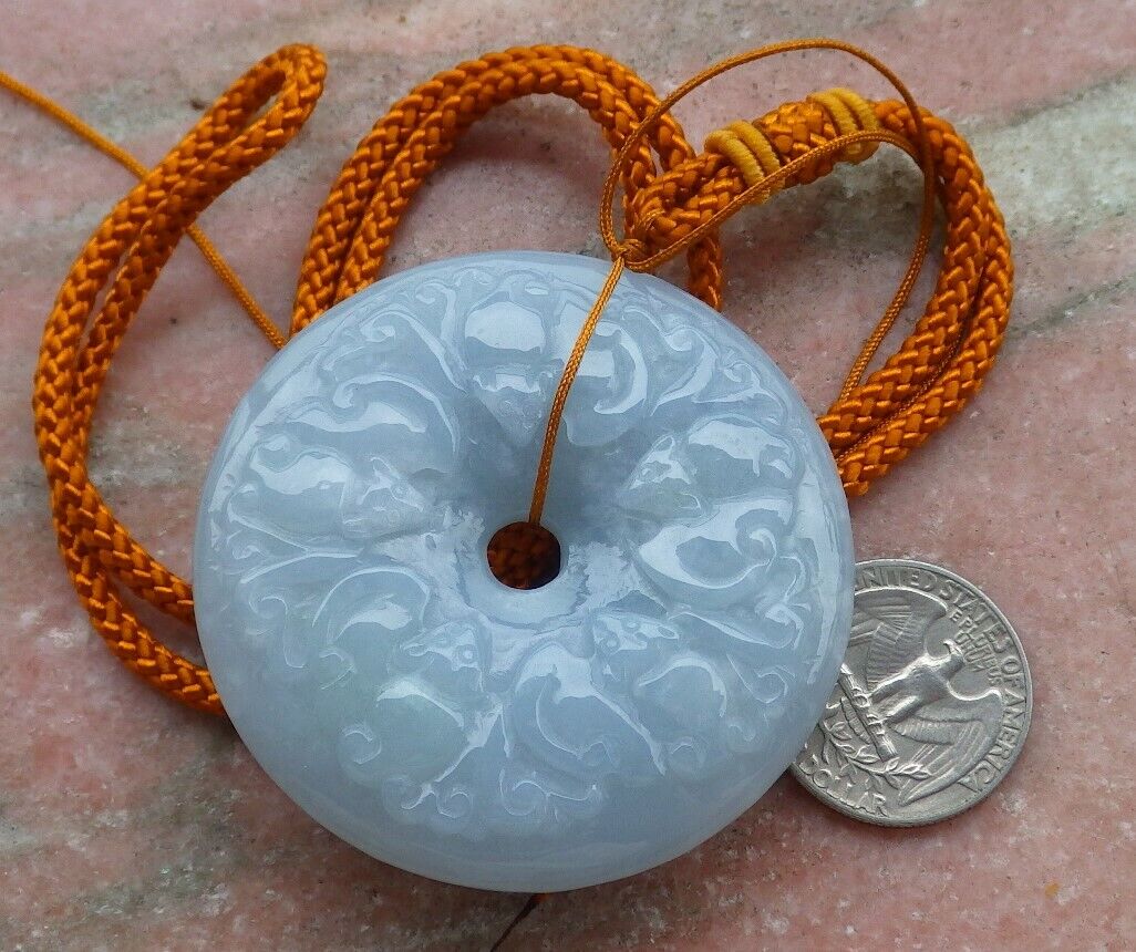 Certified Pale Green Lavender 100% Natural A Jade jadeite Dragon Phoenix 5 Bat Necklace 五福龙凤 519611 TN