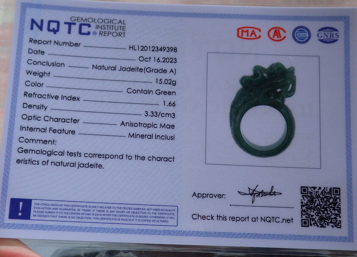 Certified Green Burma 100% Natural A JADE Jadeite Dragon RING USA. 7 龙戒指 636925 TN