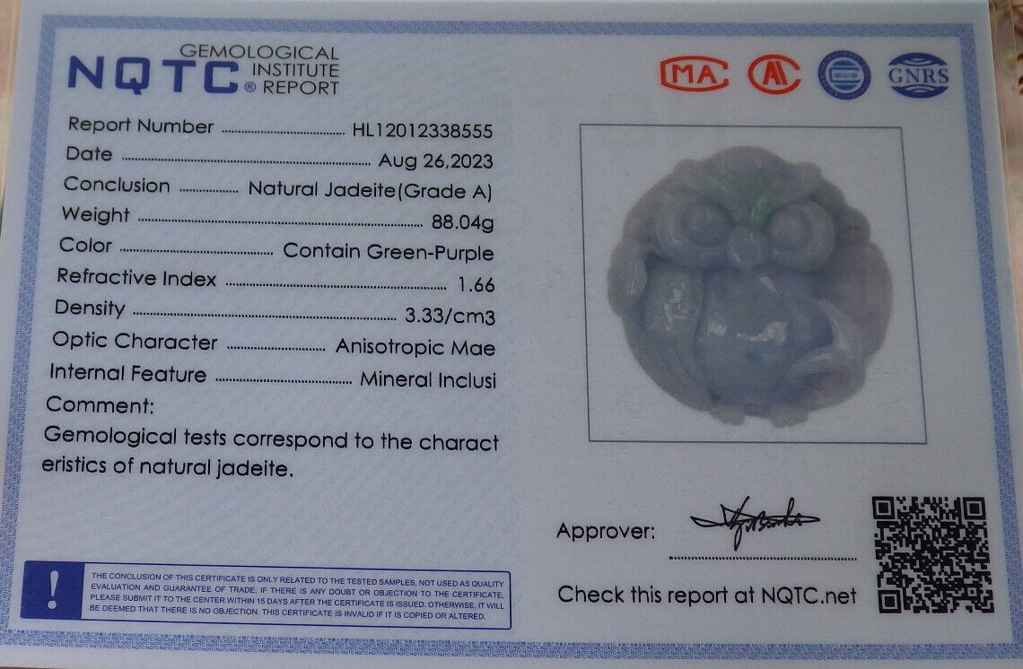 Certified Green Burma 100% Natural A Jade jadeite Pendant Owl Ruyi Necklace 猫头鹰 633581 TN
