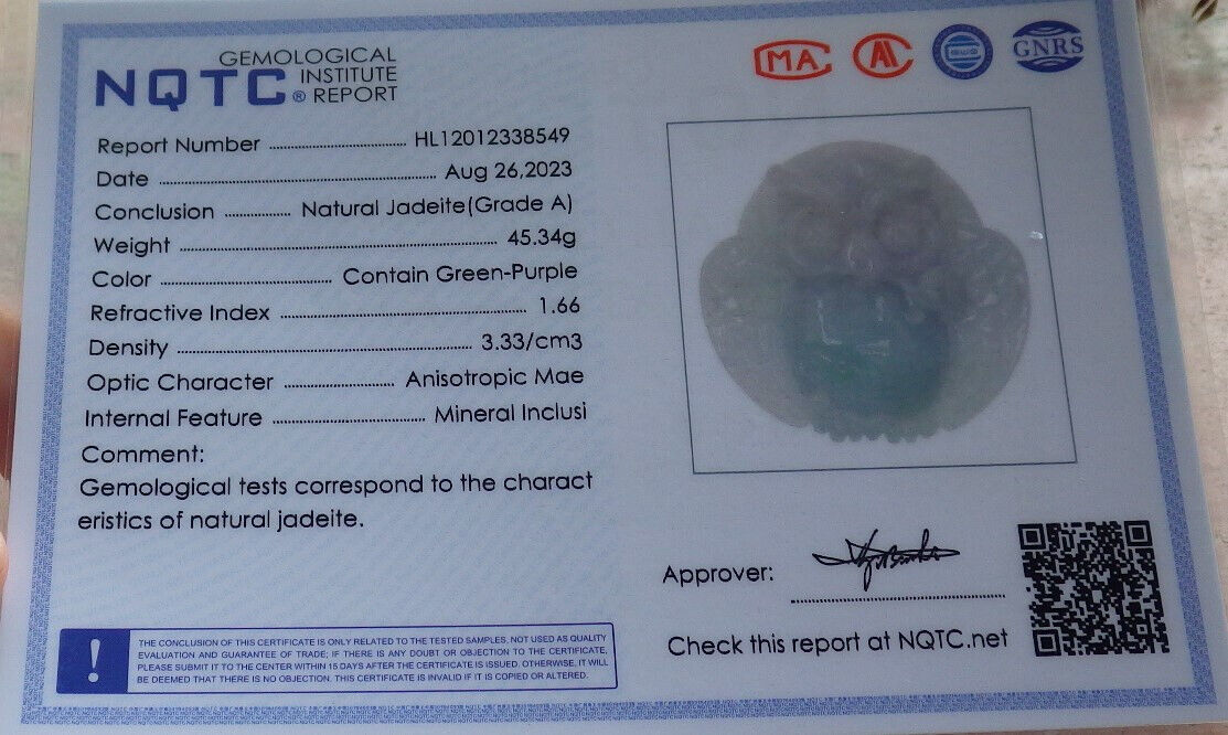 Certified Green Pale Lavender Burma 100% Natural A Jade jadeite Pendant Owl Ruyi Coin Necklace 猫头鹰 633436 TN