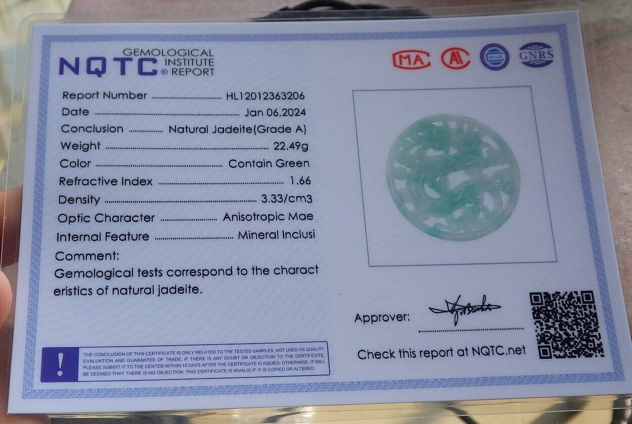 Certified Green Burma 100% Natural A Jade jadeite Pendant Dragon Circle Necklace 生意兴隆 646443 TN