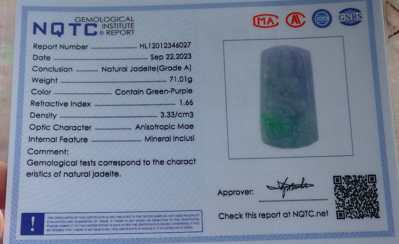 Certified Green Pale Lavender Burma 100% Natural A Jade jadeite Pendant Guanyin Kwan Yin Dragon Necklace 观音 633824 TN